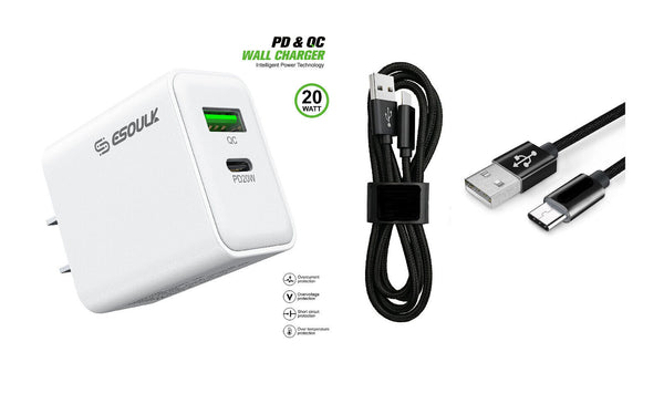 20W Wall Charger PD + 3FT TYPE A to C USB For BLU View 5 PRO B170D